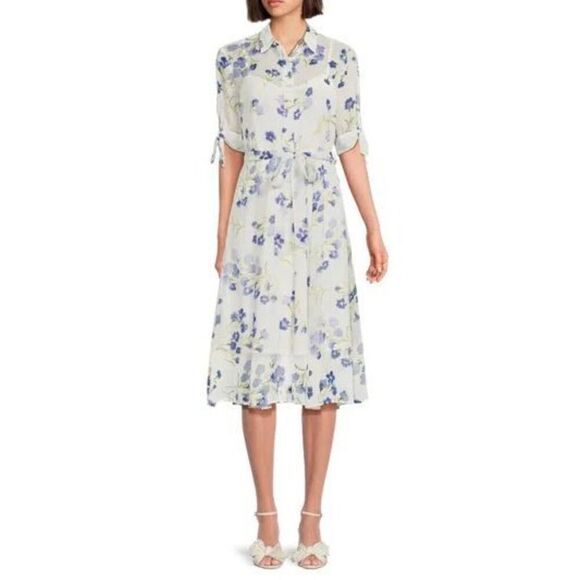 Calvin Klein Cream and Blue Floral Midi Dress - Picture 1 of 3